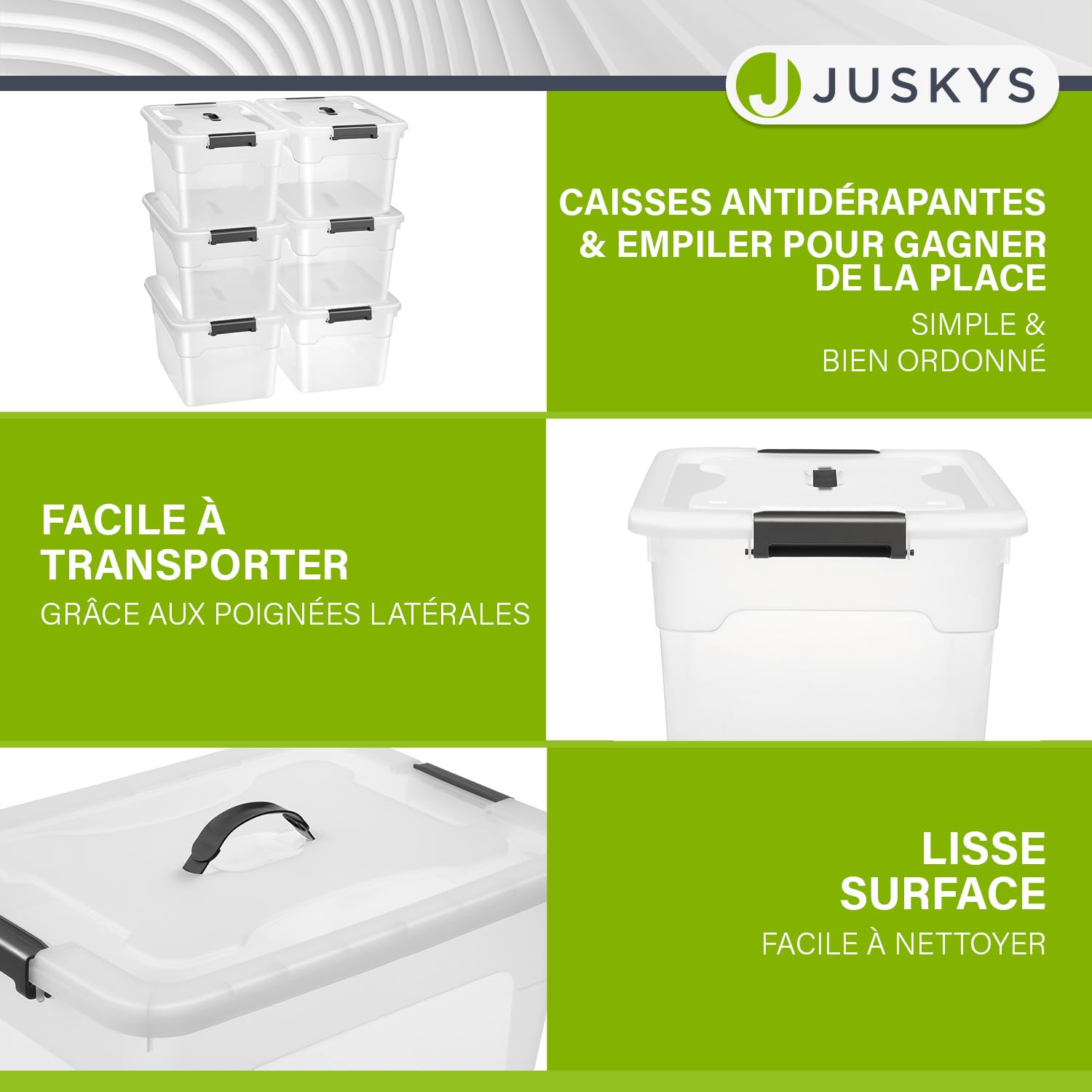 Juskys Boîte de rangement avec couvercle - ensemble de 6 boîtes en plastique de 30 l - grande boîte, empilable, transparente - rangement système de rangement boîtes de rangement