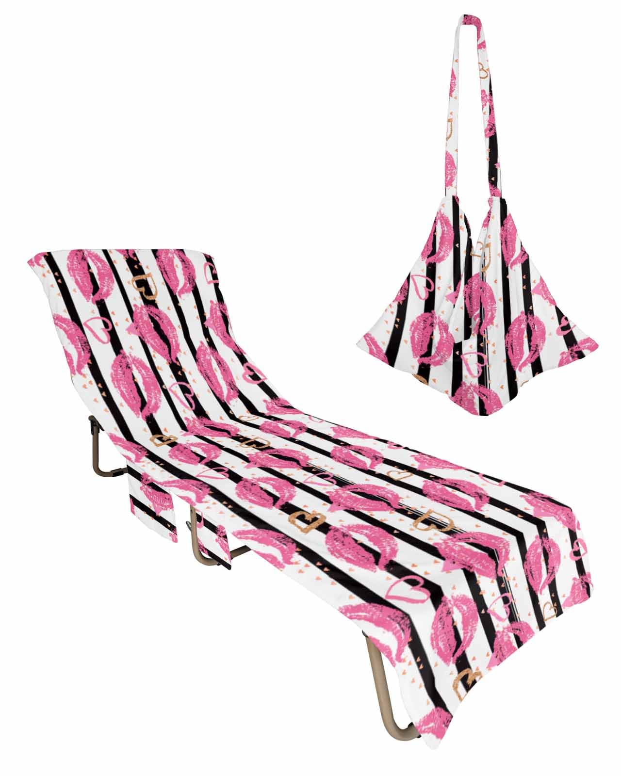 Pink Valentines Beach Lounge Chair Towel Cover, Soft Chaise Lounge Towel with Side Pockets Patio Pool Chairs Cover for Beach/Pool Sunbathing 29x85 Pink Lip Prints Love Heart Black Striped