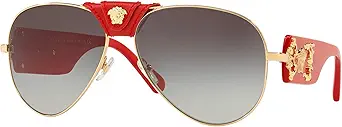 Versace Baroque VE 2150Q 100211 Gold Red Leather Metal Aviator Sunglasses Grey Gradient Lens