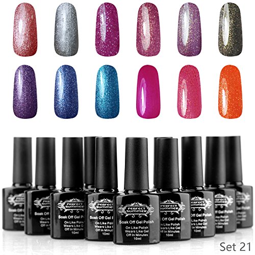 Perfect Summer Pro Gel Nail Polish UV LED Soak Off Perfect Match Charming Holographic Colors Kit - Pack of 12, 10ml Each (Set #21)
