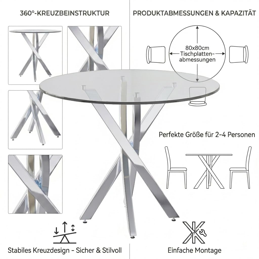 Rozsuwany stół do jadalni, nowoczesny, prosty, czarny, owalny stół do jadalni, okrągły, 1 dodatkowy blat, długość 100/140 x szerokość 100 x wysokość 75 cm (srebrny szklany stół)