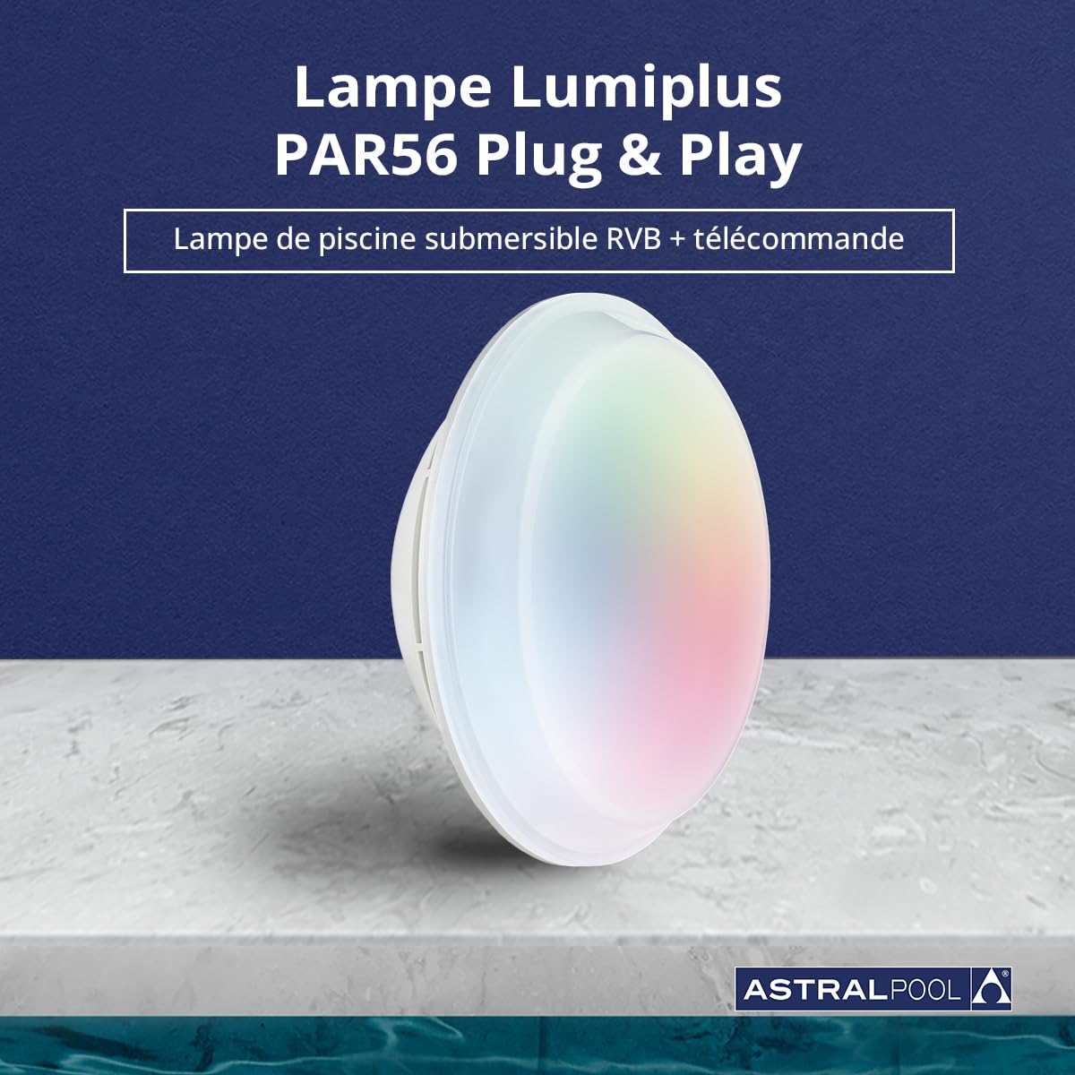 Astralpool Lampe Submersible PAR56 Plug & Play 76591 M - Lumières RGB pour Piscine ou Jardin - 2000 lm - 12 Couleurs - Portée de 15 m