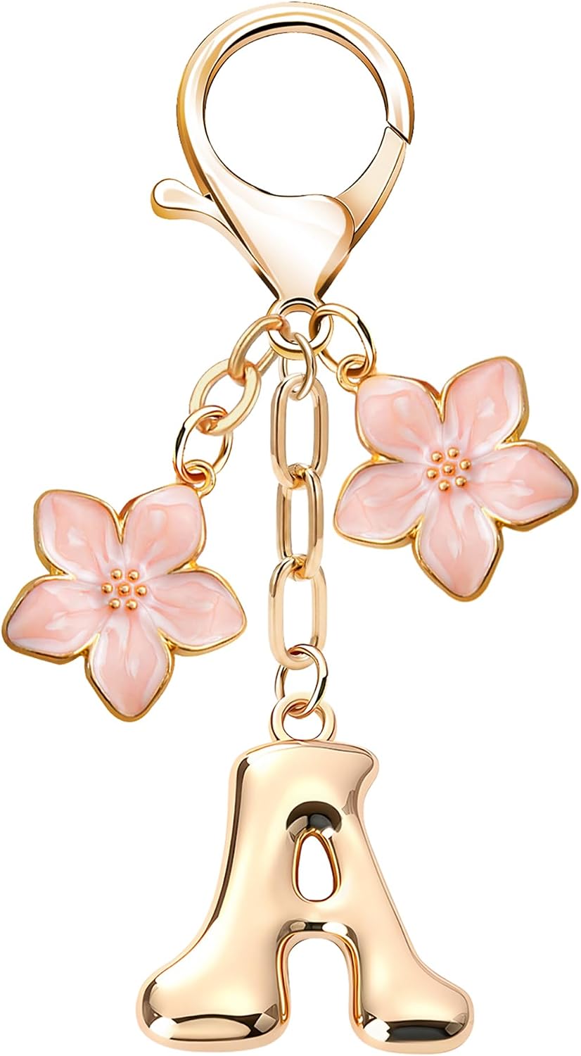 Bubble Initial Flower KeyChain Gold Letter Bag Charms for Women Cute Keyring for Purse Handbag