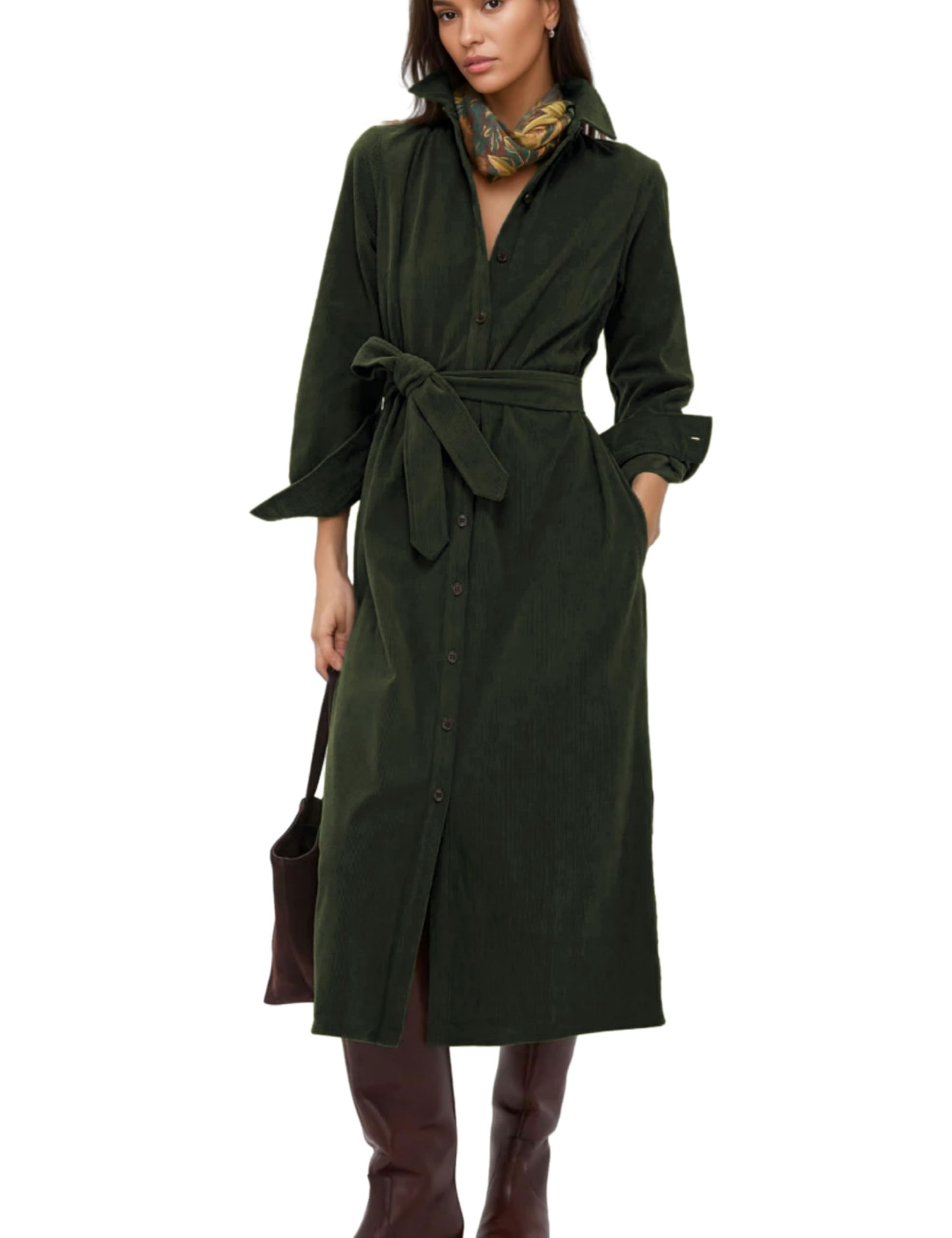 Womens Fall Winter Corduroy Midi Dress Long Sleeve Collared Button Front Belted Flowy Shirt Dress with Pockets
