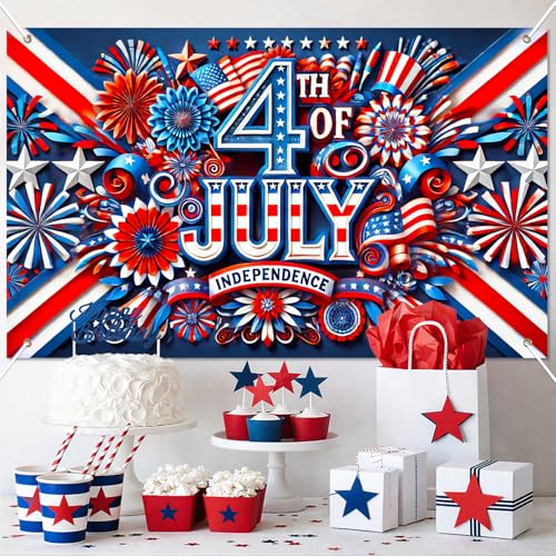 Image of BlissYard Independence Day Banner 71 x 43 Inch 4th of July Decorations Veterans Day Memorial Day Banner Decorations Supplies America Independence Day Theme Patry Decorations Indoor Outdoor Supplies
