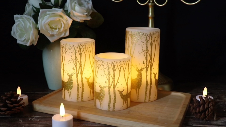 Image of GenSwin Flickering Flameless Candles Battery Operated with 6 Hours Timer, Real Wax Led Pillar Candles Deer Decal Warm Light, Pack of 3 Christmas Home Decor