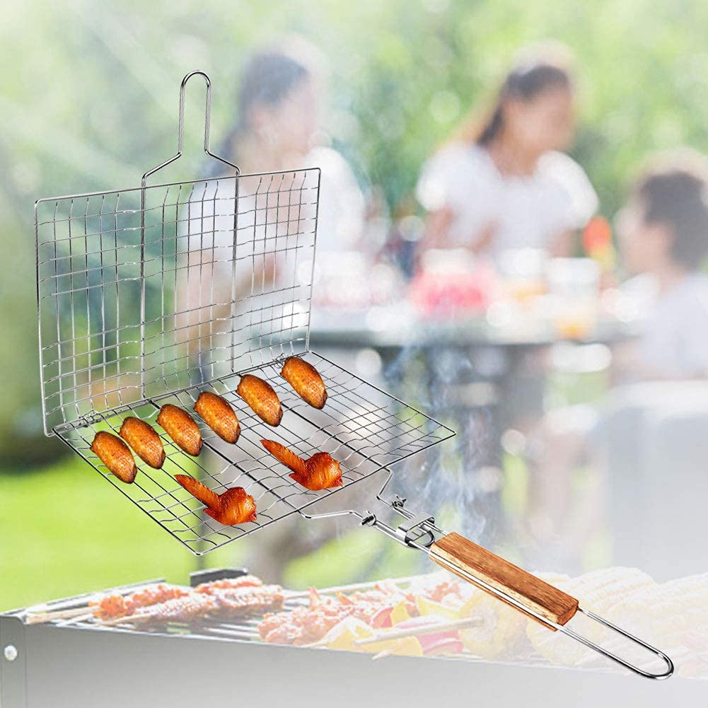 Griglia Pieghevole per Barbecue, Rete per barbecue, Portabile Griglia Barbecue Cestello per Griglia, Clip per Pesce alla Griglia con Manico in Legno, per Bistecca, Gamberetti, Carne, Verdure e Pesce