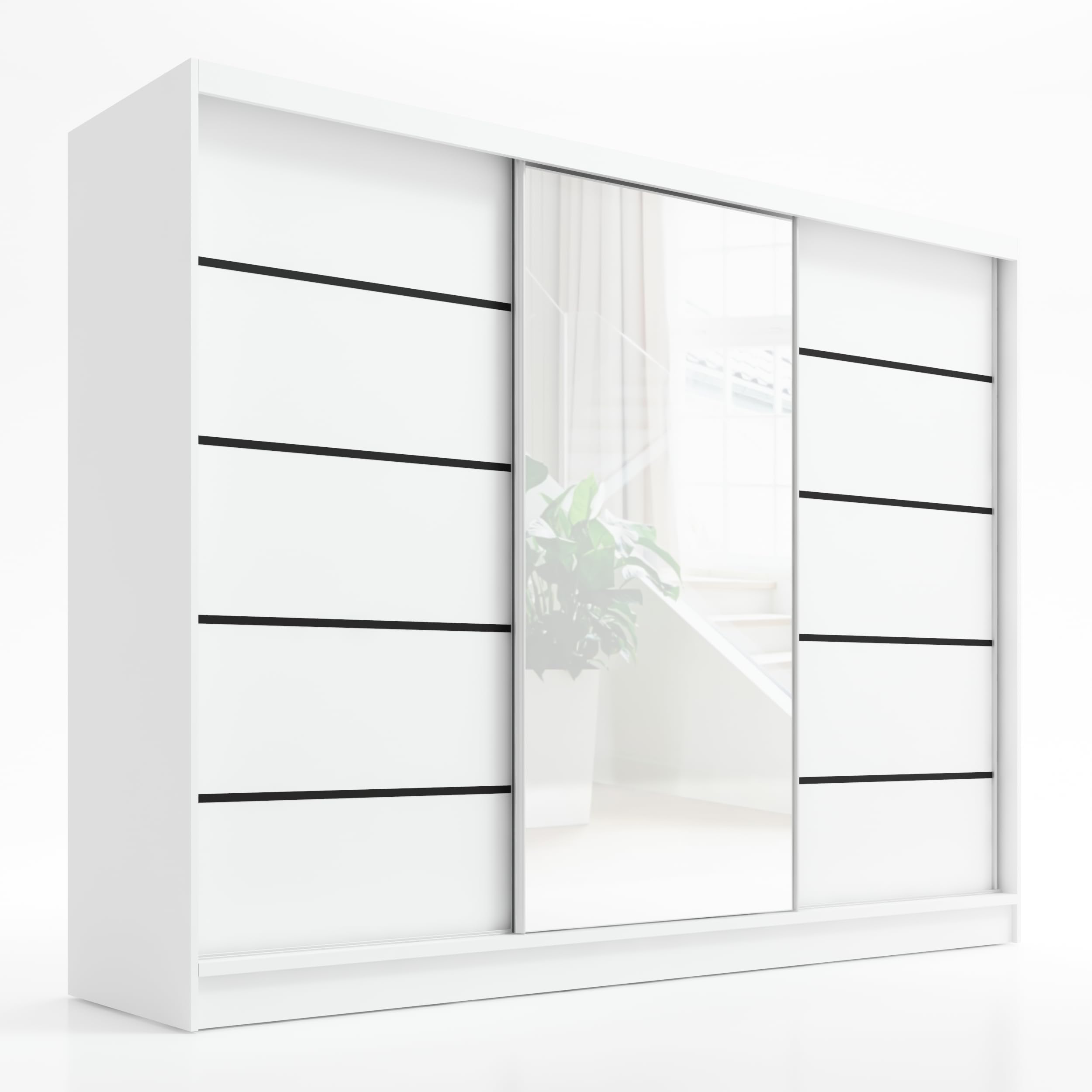 A&J MöbelLand Schwebetürenschrank ARIVA 2 Kleiderschrank 3-türig mit Schubladen und Spiegel Garderobenschrank 200 cm (Weiß)