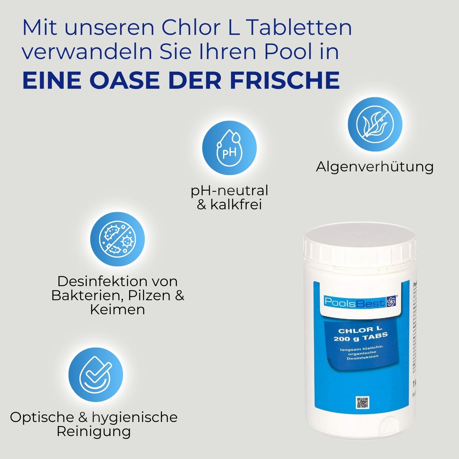 PoolsBest 1kg Chlor L 200g I langsamlösliche Chlortabletten für Pool I hochwertige Poolpflege Chlortabs I Langzeit Tabs mit 92% Aktivchlor I Pool-Chlor-Tabletten zur Desinfektion