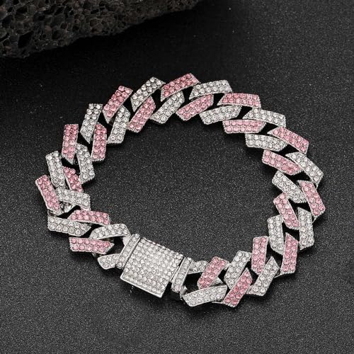 Image of Cuban Link Dog Collar, Bling Rhinestone Dog Necklace Collar, Glitter Diamond Puppy Chain for for Small Medium Large Pet Dogs, 26-Inch Pink