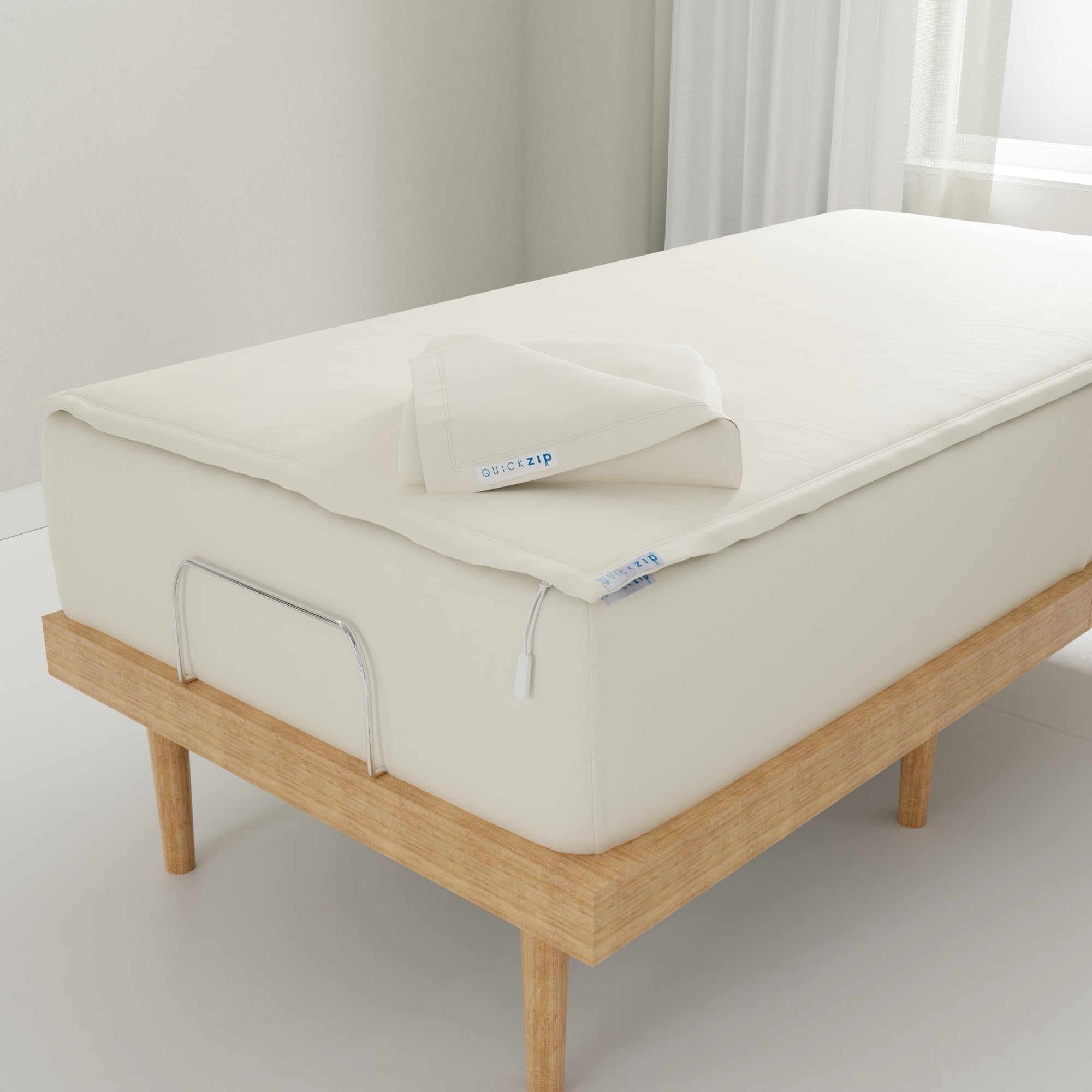 QuickZip Fitted Plus Spare Bundle: 1 Fitted Sheet (Base + Zip Sheet) &amp; 1 Zip Sheet - Easy to Change, Won’t Pop Off - Soft Percale 400 TC 100% Cotton - 15” Deep Pockets Twin XL Size – Ivory