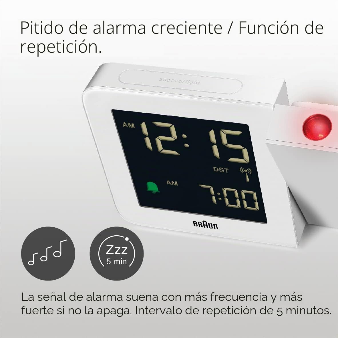 Braun Reloj Despertador Digital con radiocontrol Huso horario de Europa Central (DCF) con 4 Opciones de retroiluminación, Pantalla LCD Negativa, Ajuste rápido, Blanco, Modelo BC15W-DCF