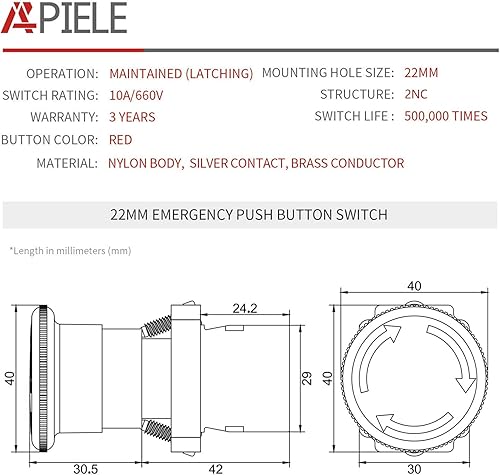 Miniatura 2 de APIELE Interruptor de botón de parada de emergencia de 0.866 in 2NC de hongo rojo 600V 10 Amp XB2-02ZS