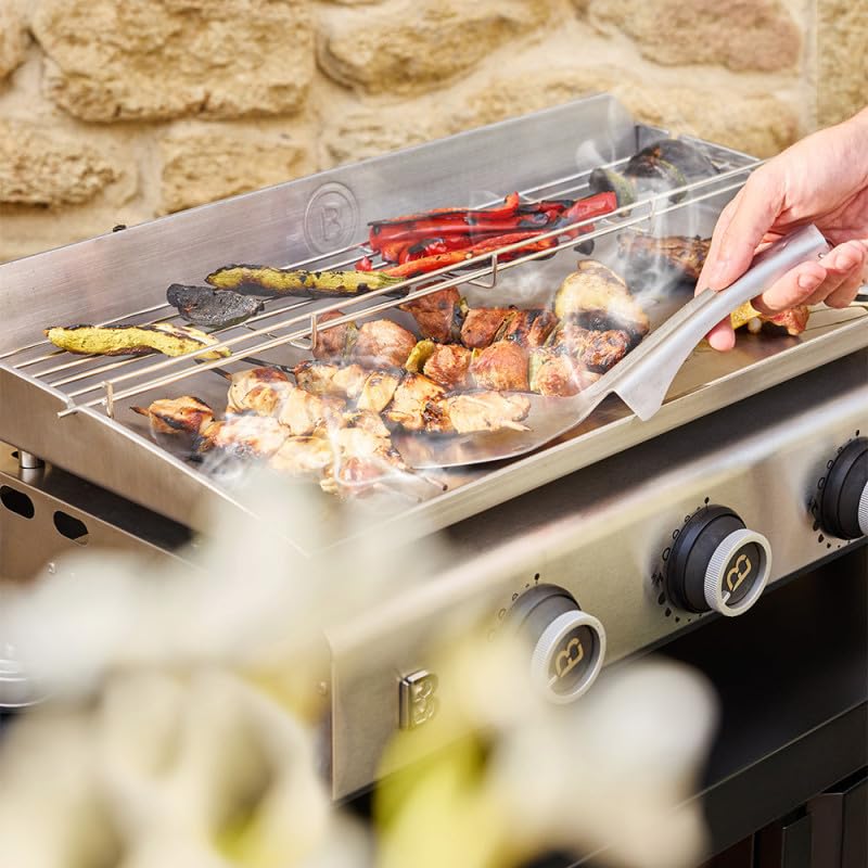 BRASERO - Plancha Silvia EVO 3 Feux Brasero - Plaque Inox de 67 x 34 cm - 3 brûleurs - Grille de réchauffement - Piezo intégré - Tiroir Graisse avec jauge de niveu - Jusqu'à 10 convives - 7,95 KW