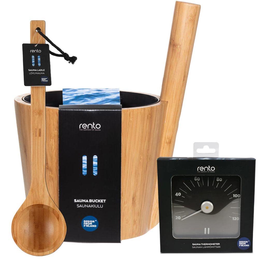 Hochwertige Sauna- Set's inkl. digitaler POOL Total Saunabroschüre - Saunaeimer aus Bambus mit Kelle & Thermometer - 5 L Fassungsvermögen - Saunazubehör für Aufguss & Entspannung