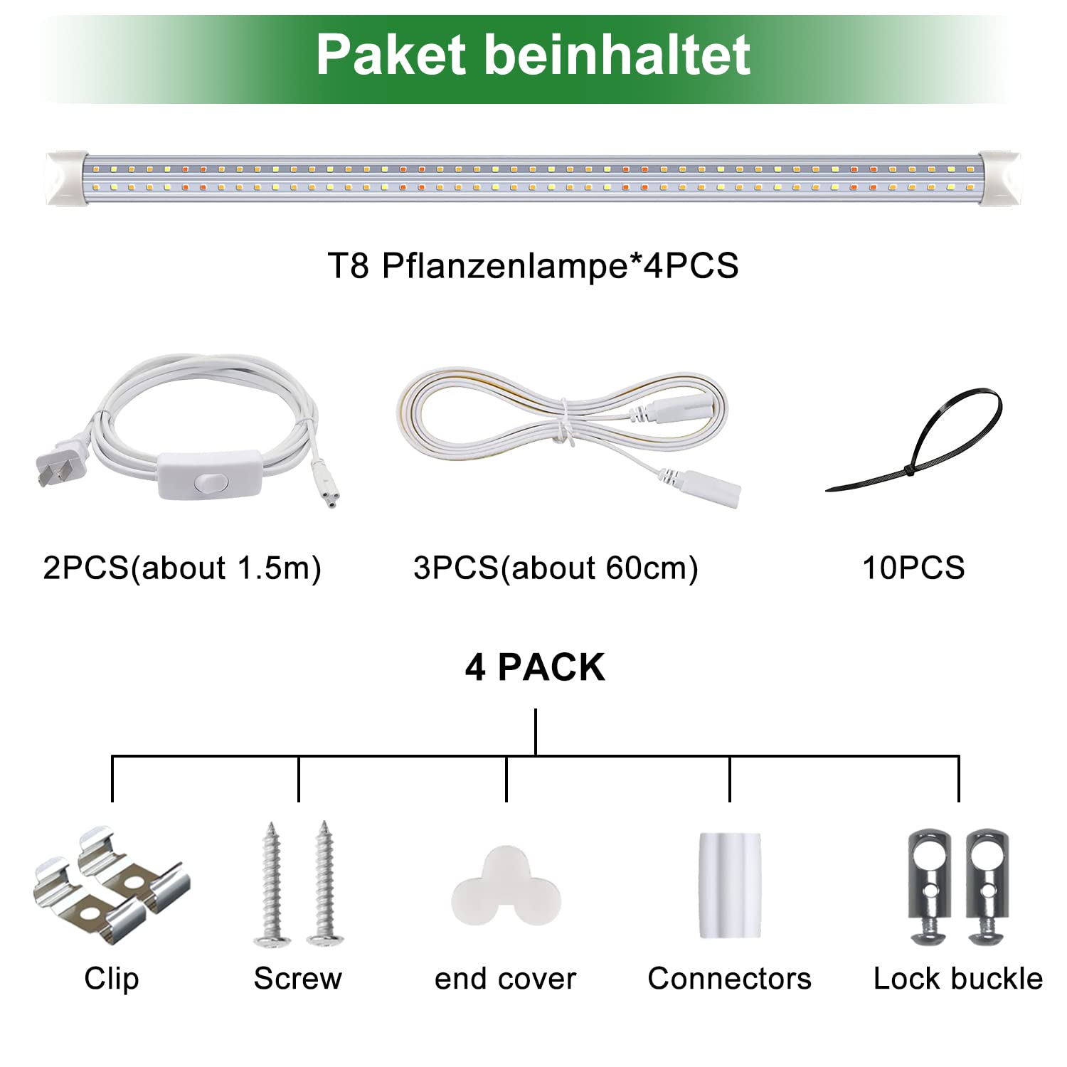 wolezek Pflanzenlampe LED, T8 4 Pack Pflanzenlampe Led Vollspektrum für zimmerpflanzen, 2FT Wachstumslampen für Pflanzen, 3000K 6500K 660nm LEDs Pflanzenlicht für Gewächshaus Indoor