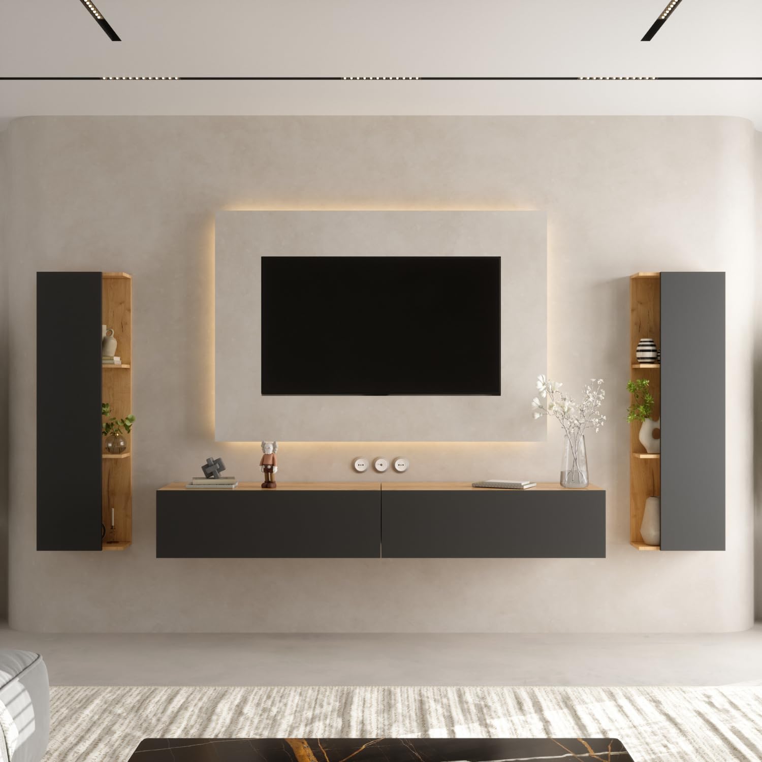 Planetmöbel TV Wohnwand Wohnzimmer 2X 100 cm Gold Eiche/Anthrazit, mit 2X 40cm Seitenschränken Gold Eiche/Anthrazit