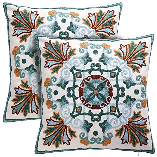 Oneslong Decorative Throw Pillow Cases Covers Embroidery Patterned Bohemian Design Couch Pillows Covers for Bed Living Room Sofa Chair Set of 2 18x18 Inch