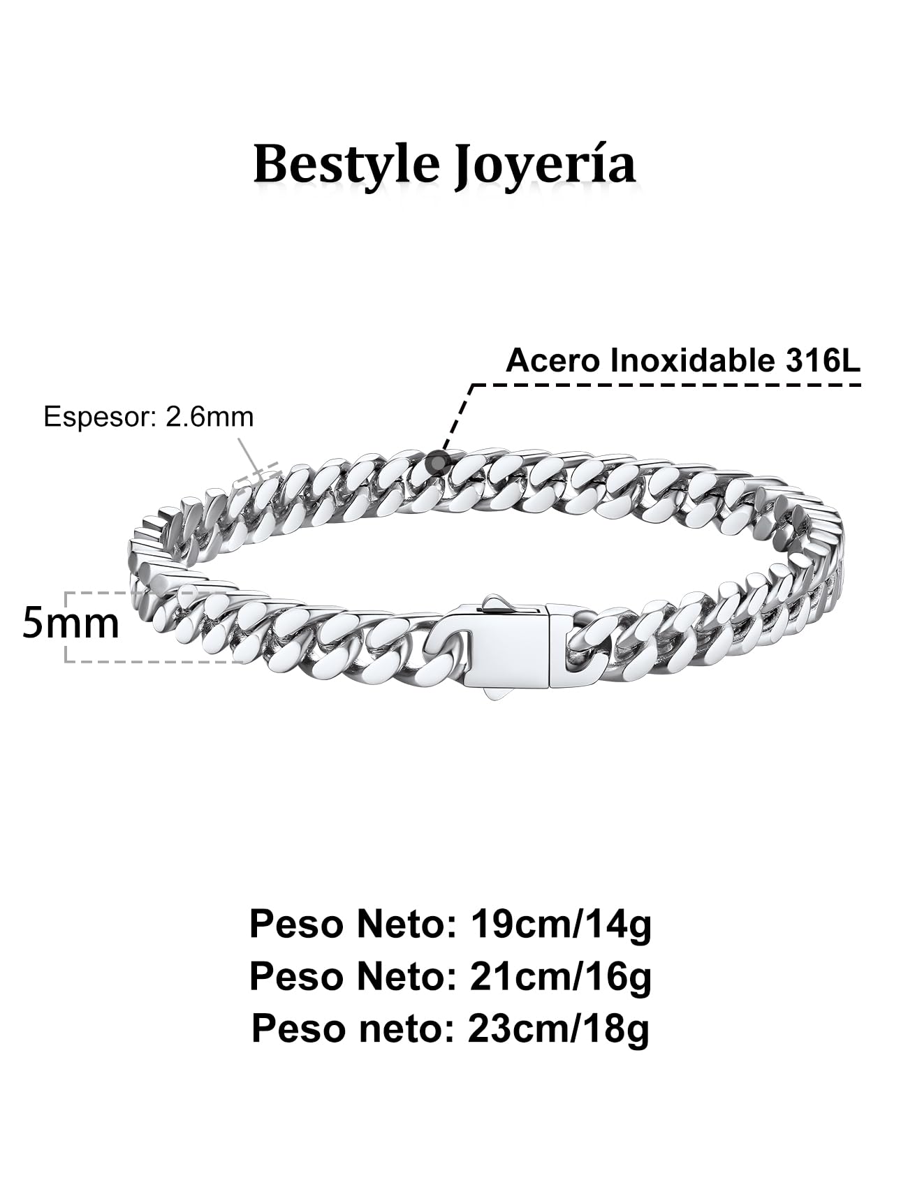 Bestyle Pulseras Cubanas Cadenas Hombre Mujer Acero Inoxidable 316L | Pulsera Eslabones 5/7/9/12mm Ancho,Plateado/Dorado/Negro,19cm/21cm/23cm Longitud Joyería para Hombres