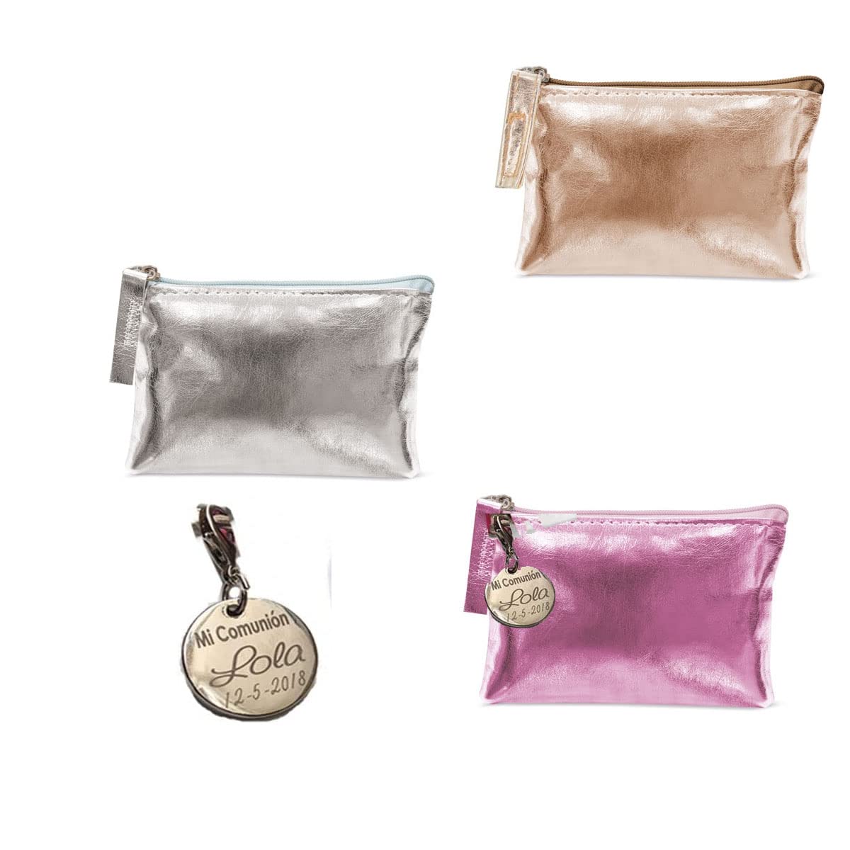 Curia Grabador Pack 12 monederos metalizados PERSONALIZADOS con charm grabados para comuniones, bodas bautizo cumpleaños despedidas. Monedero para detalle