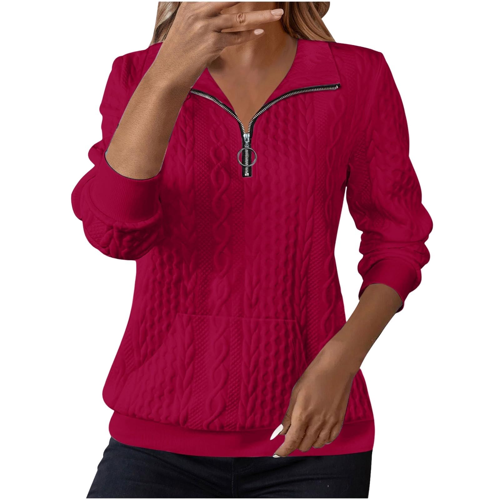 Sweatshirts for Women UK Pullover Lapel Half Zip Knit Cable Knit Women Sweatshirt Long Sleeve Tops Autumn Winter Warm Tunic for Office Hoodies Outfit Clothes, Wine Red, M-image-31