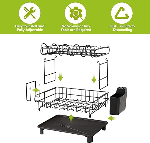 Miniatura 6 de MAJALiS Escurridor de platos para encimera de cocina, escurridor de platos grande de 2 niveles, colador de platos de acero inoxidable con tabla de