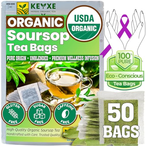 Image of KEYXE - USDA Organic Soursop Graviola Leaves Tea 50 Bags. Non-GMO Verified , 100% Organic Soursop Leaves for Digestion, Boosting Immune, Improving Sleep & Skin Health, Gluten Free, Caffein Free , Hojas De Guanabana Tea Organica, Eco-Conscious Tea Bags