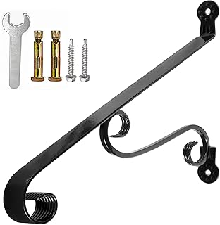 Yahpetes Handrail 1-2 Steps Porch Handrail Wrought Iron Handrail Grab Rail Single Post Railing 22.8"X 14" Black Stair Railing Bracket Metal Art Handrail for Outdoor Step MLFS25