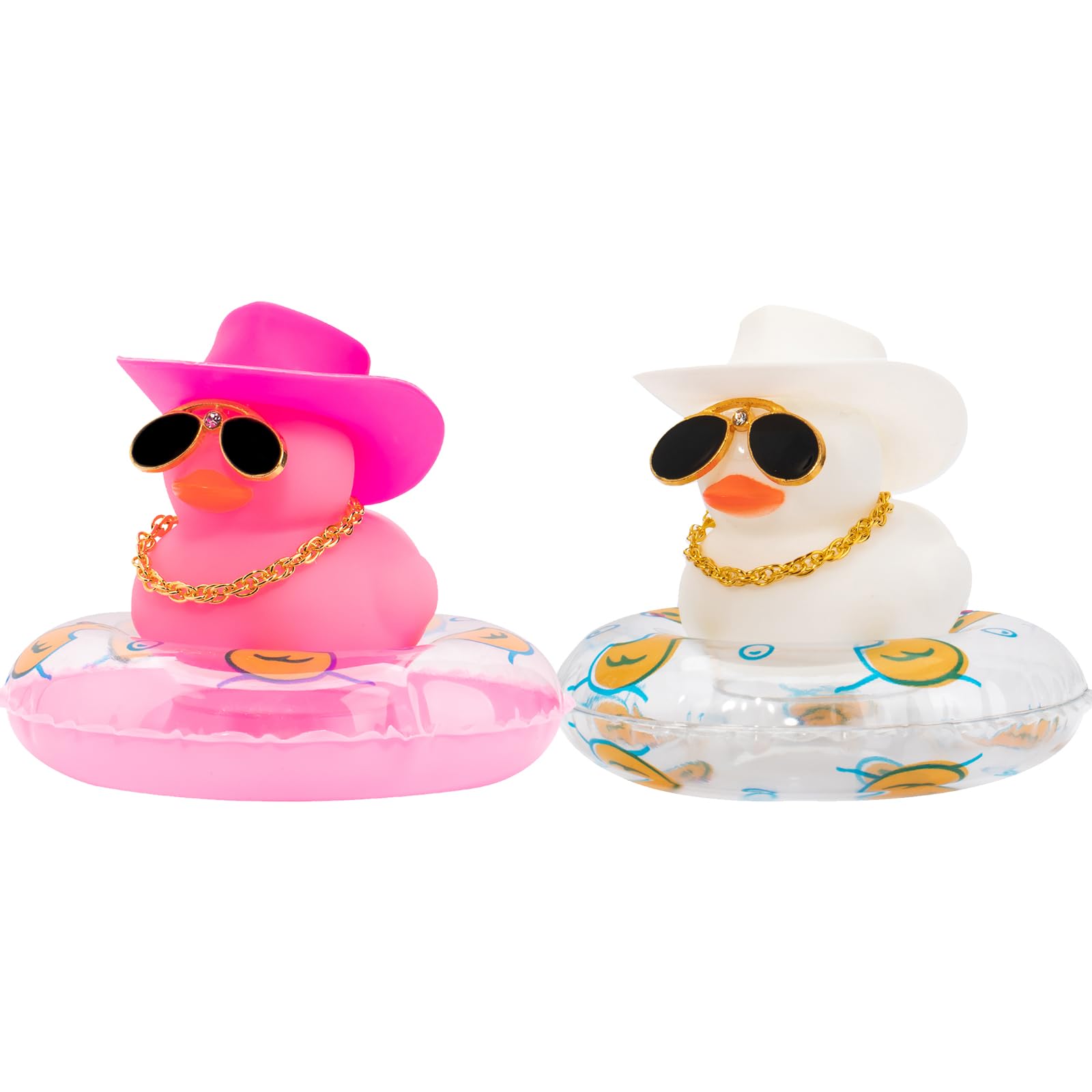 wonuu 2Pcs Car Dashboard Decorations Color Ducks, Rubber Duck for Car Ornament Accessories with Mini Hat Sunglasses Necklace and Swim Ring, A_Pink&White Duck+Pink Cowboy&White Cowboy
