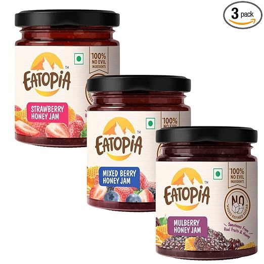 Eatopia Mixed Berry, Strawberry & Mulberry Honey Jam - Kids & Adult | Sugar Free | 100% Natural | No Preservatives | No Added Flavours | 70% Real Fruits & Honey | Good for Gut Health | Pack of 3-720g