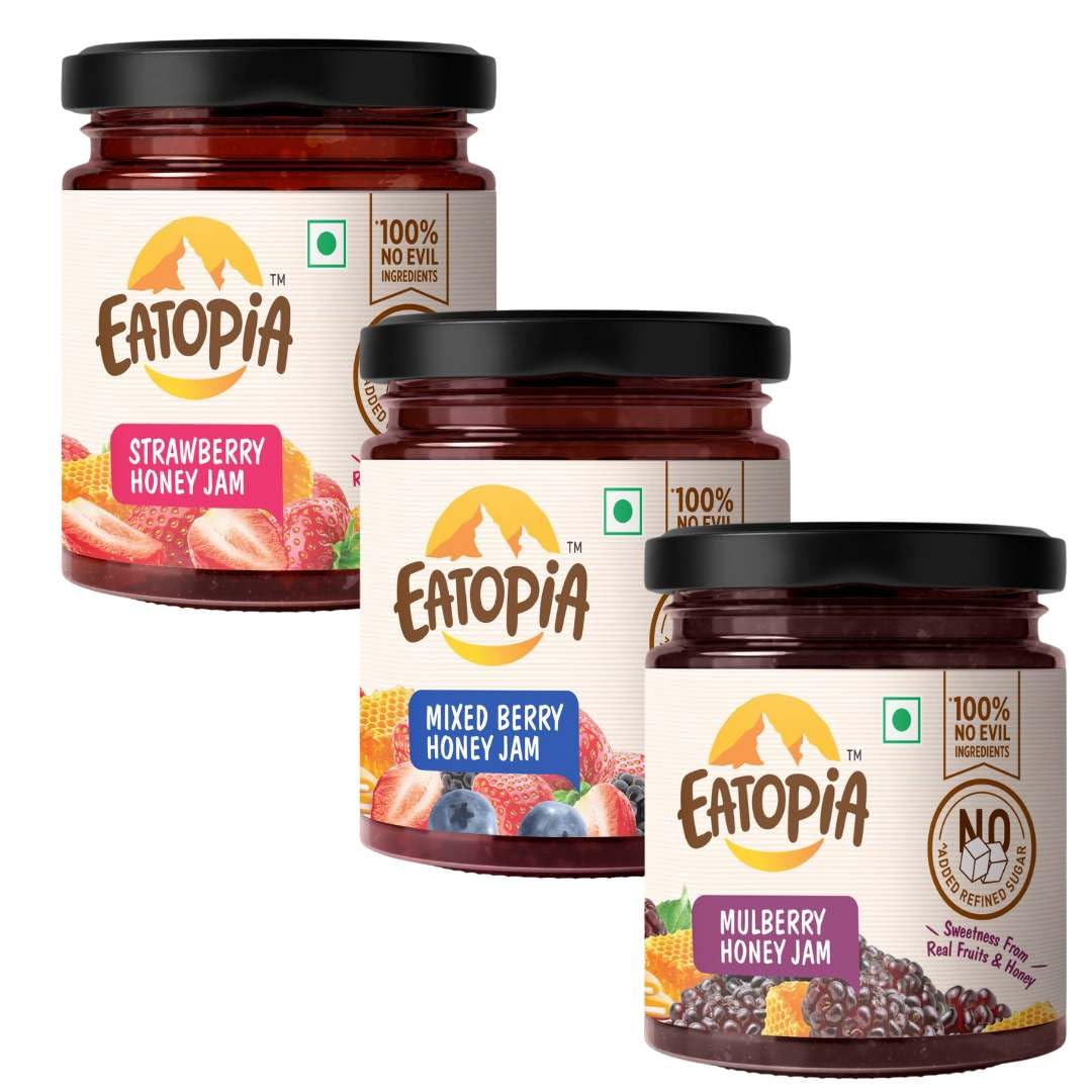Eatopia Mixed Berry, Strawberry & Mulberry Honey Jam - Kids & Adult | Sugar Free | 100% Natural | No Preservatives | No Added Flavours | 70% Real Fruits & Honey | Good for Gut Health | Pack of 3-720g (B0CL4VCPLM) Amazon Price History, Amazon Price Tracker