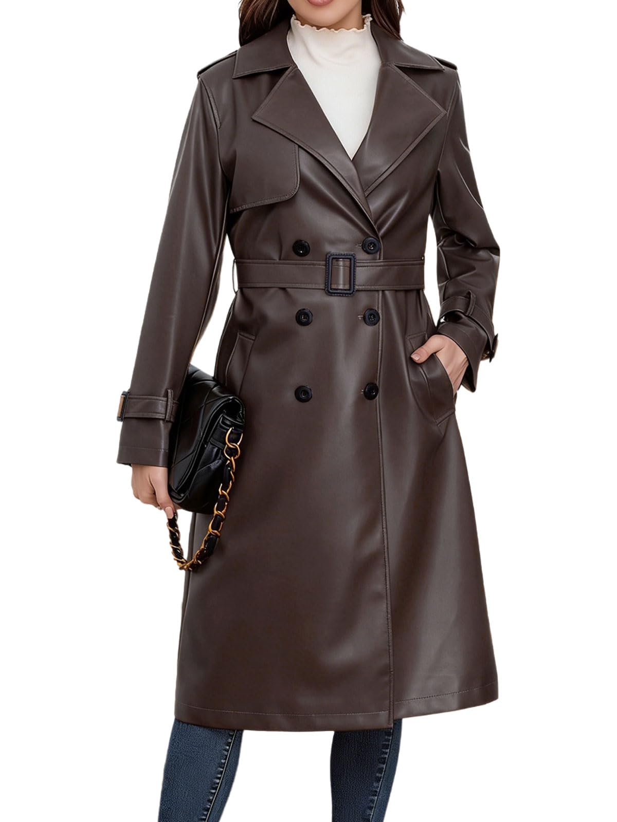 Women's Faux Leather Trench Coat Double Breasted Belted High Waist Long PU Leather Jacket Fall Winter Outerwear-image-6