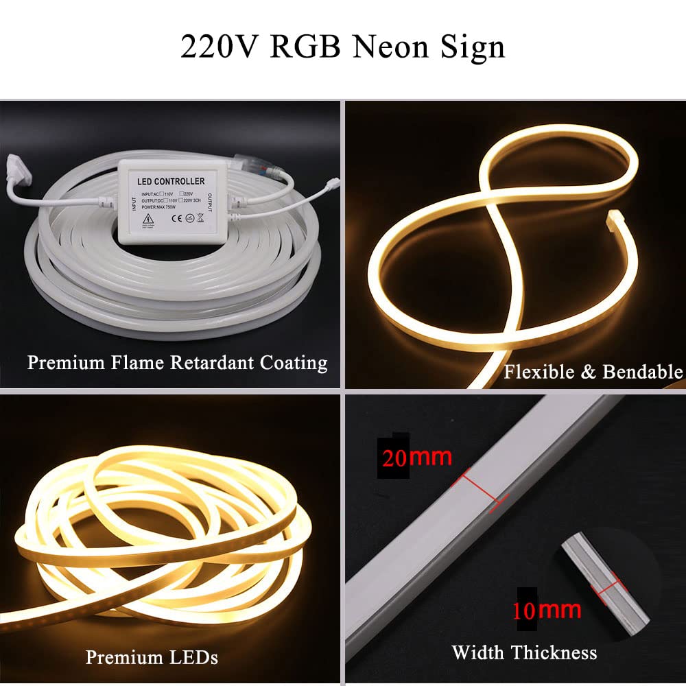 RGB Neon LED Streifen, 10M 220V 5050 Silikon Flexibler Neonstreifen, Multi-Farbwechsel Neon LED Lichtband mit 24 Tasten Fernbedienung und 750W RGB Regler für Schlafzimmer, Schrank, Bar
