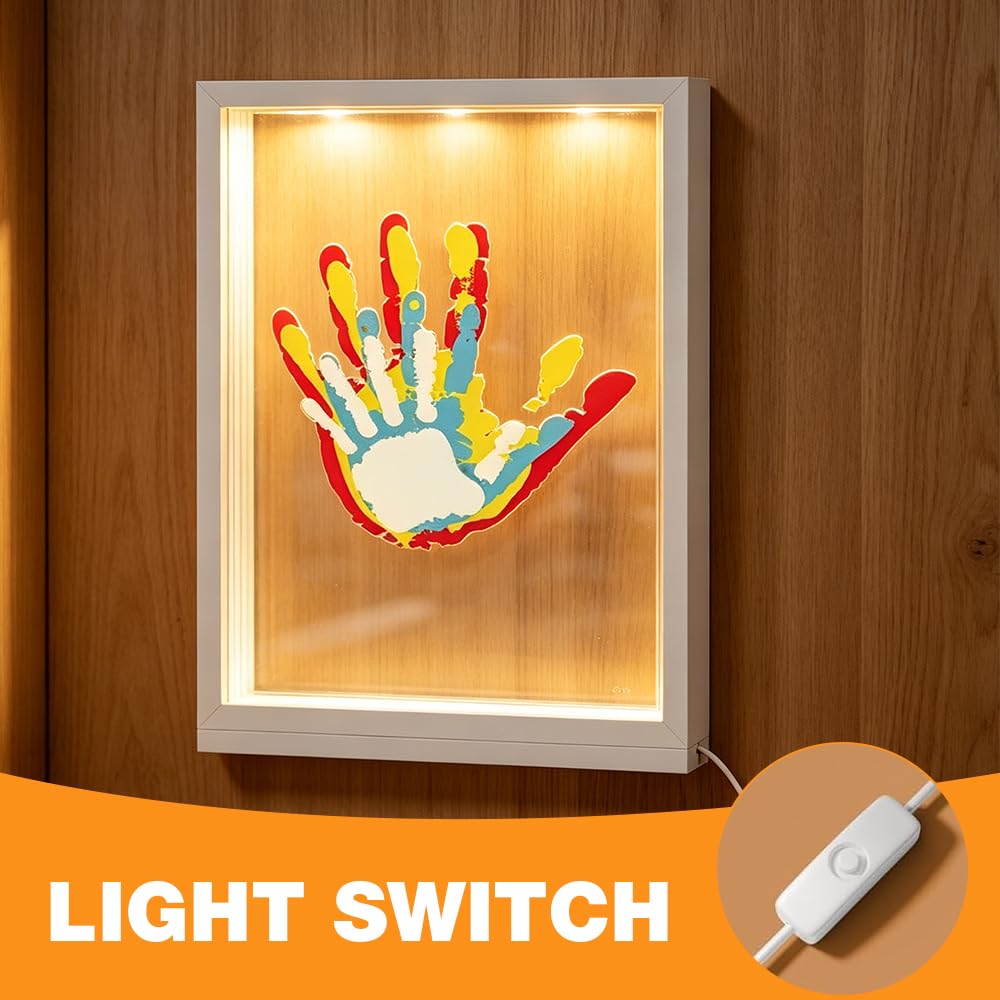 Kit d'Empreintes Familiales avec Veilleuse LED et Pigments - Cadre en Bois pour Bébé, Couples - Cadeau Personnalisé (Blanc)