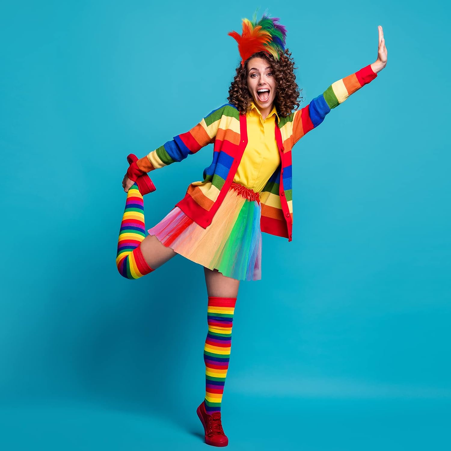 Hicarer 4 Rainbow Costume Set Women Knee High Socks Arm Warmer Stretchy Gloves Headwear Headband Tulle Tutu Skirt