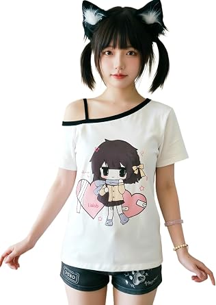 Womens Cute Off-Shoulder T-Shirt Kawaii Anime Cat Graphic Short Sleeve Tee Y2K Harajuku Fairycore Loose Fit Top