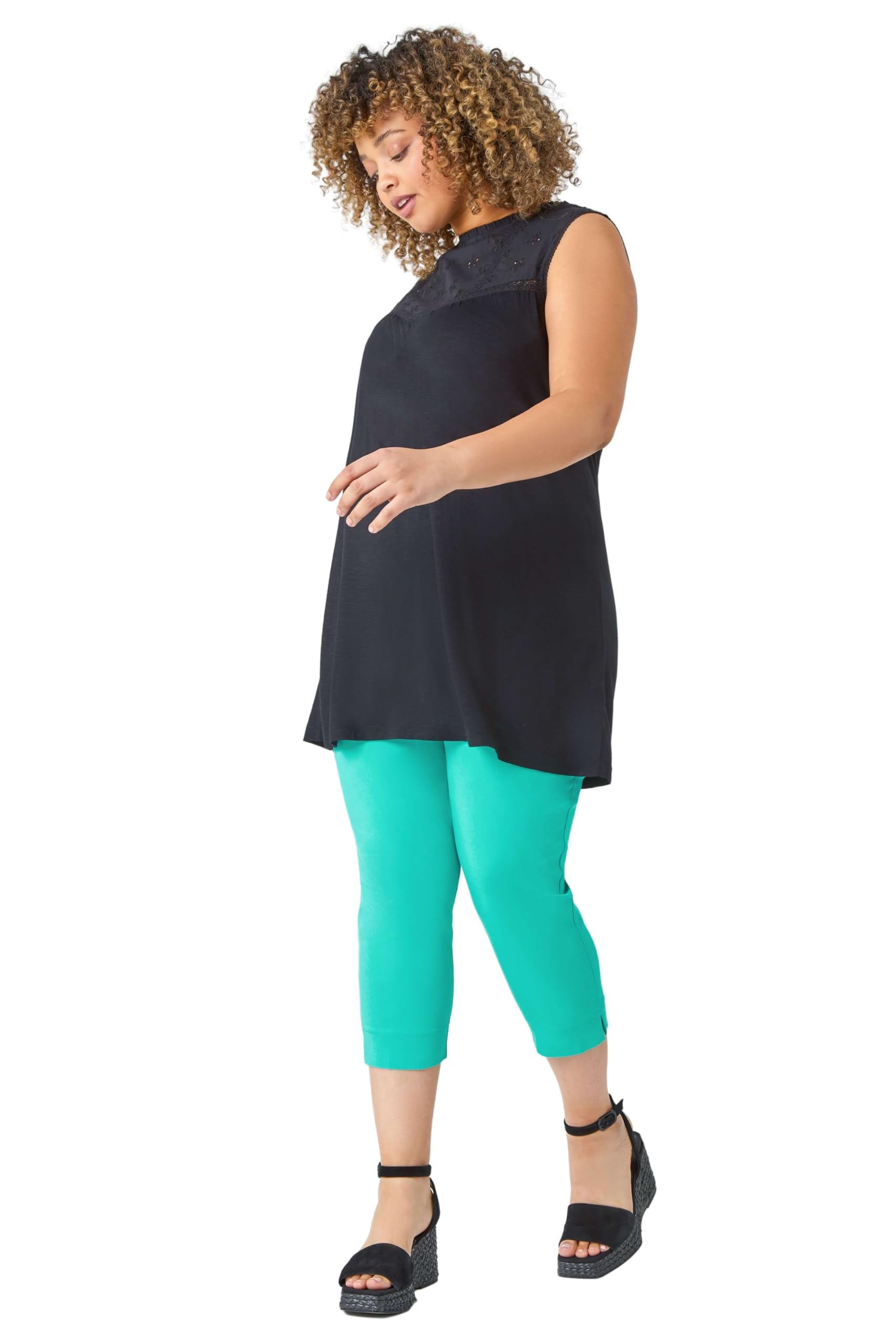 Roman Women's Teal Curve Cropped Elastic Waist Stretch Trouser In | Size: 20