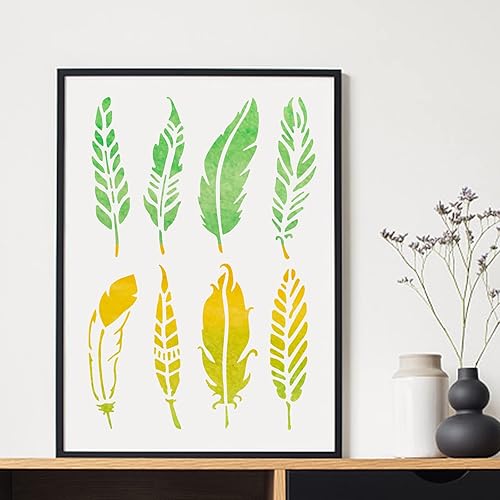 Miniatura 5 de MAYJOYDIY 2 plantillas de plumas, plantillas de dibujo de plumas de 8.3 x 11.7 pulgadas, plantillas decorativas para pintar en paredes, lienzo,