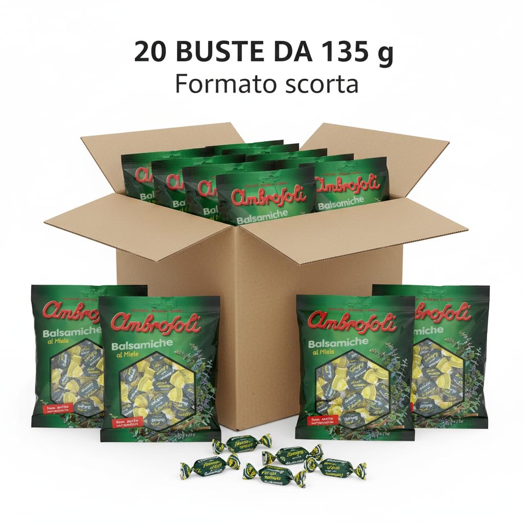 Ambrosoli Caramelle Balsamiche al Miele – Cartone Convenienza 20 Buste da 135 g – Caramelle Balsamiche Rinfrescanti con Miele – Ideali per Ufficio e Casa