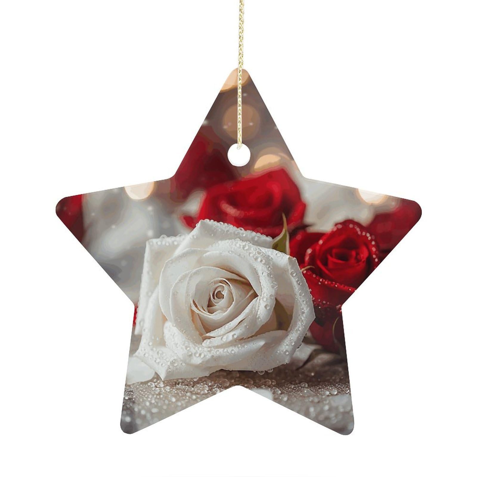 Roses in Background Stars Ornaments Ceramic Christmas Tree Hanging Light in Weight Christmas Star Pendants Funny Double-Sided Printed Xmas Ornaments for Gifts