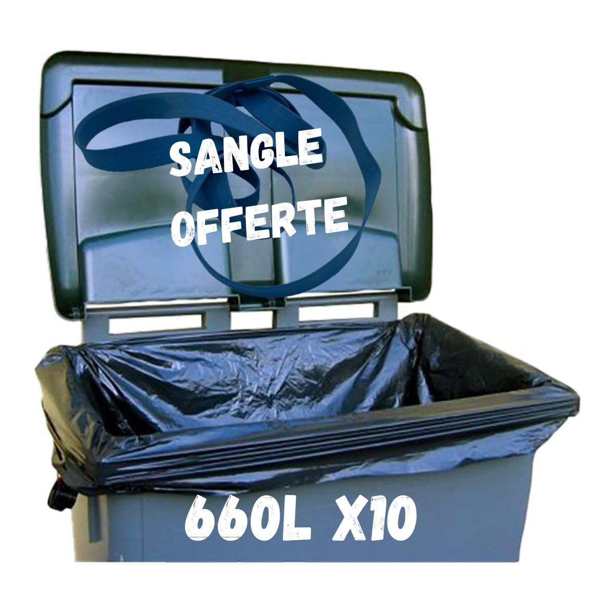 Lot de 10 Sacs Poubelle 660 Litres | Housses de Container 4 Roues + Sangle de Fixation | Anti Salissures - Anti Odeur | Très Résistant - Opaque | Fabriqué en Europe | Normes CE, REACH, RSGP
