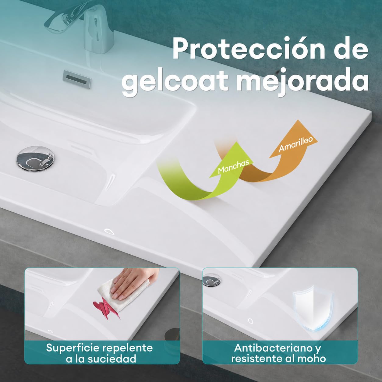Mai & Mai Lavabo Empotrado sobre Encimera Baño Lavabo | Rectangular | Blanco Brillante | Mármol Fundido | 80x48x14cm | con Orificio para Grifo con Rebosadero | Colossum02 | Colossum02 - Lavabo empotrable rectangular con 1 orificio para grifo, función de r