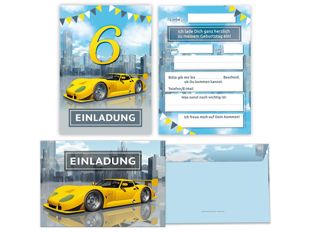 JuNa-Experten 12 Einladungskarten incl. 12 Umschläge 6. Kindergeburtstag Jungen Rennauto Auto Einladungen sechste Geburtstag