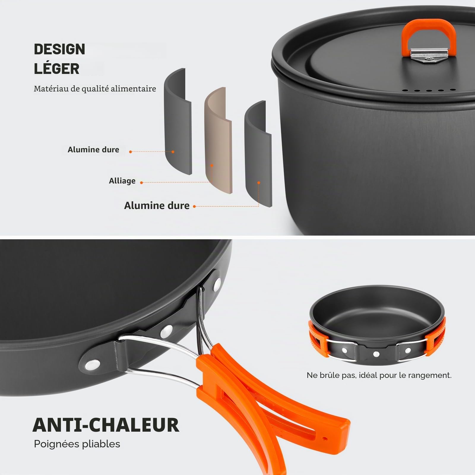 Odoland Kit de Casseroles Camping Portable, Antiadhésif Casserole Légère Set avec Bol en PP pour Le Camping, Sac à Dos, Cuisine en Plein Air et Pique - Nique