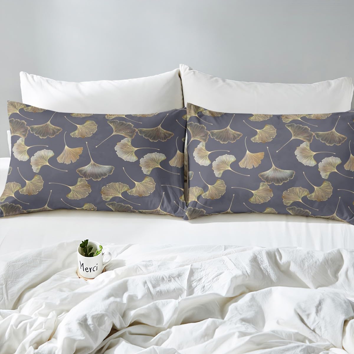 Castle Fairy Ginkgo Leaf Bed Sheet Set 2 Pillowcases,Rustic Leaves Autumn Plant Sheets Set,Nature Botanical Grey Golden Room Decor Sheet Sets with Deep Pocket,Top Flat Sheet,King Size