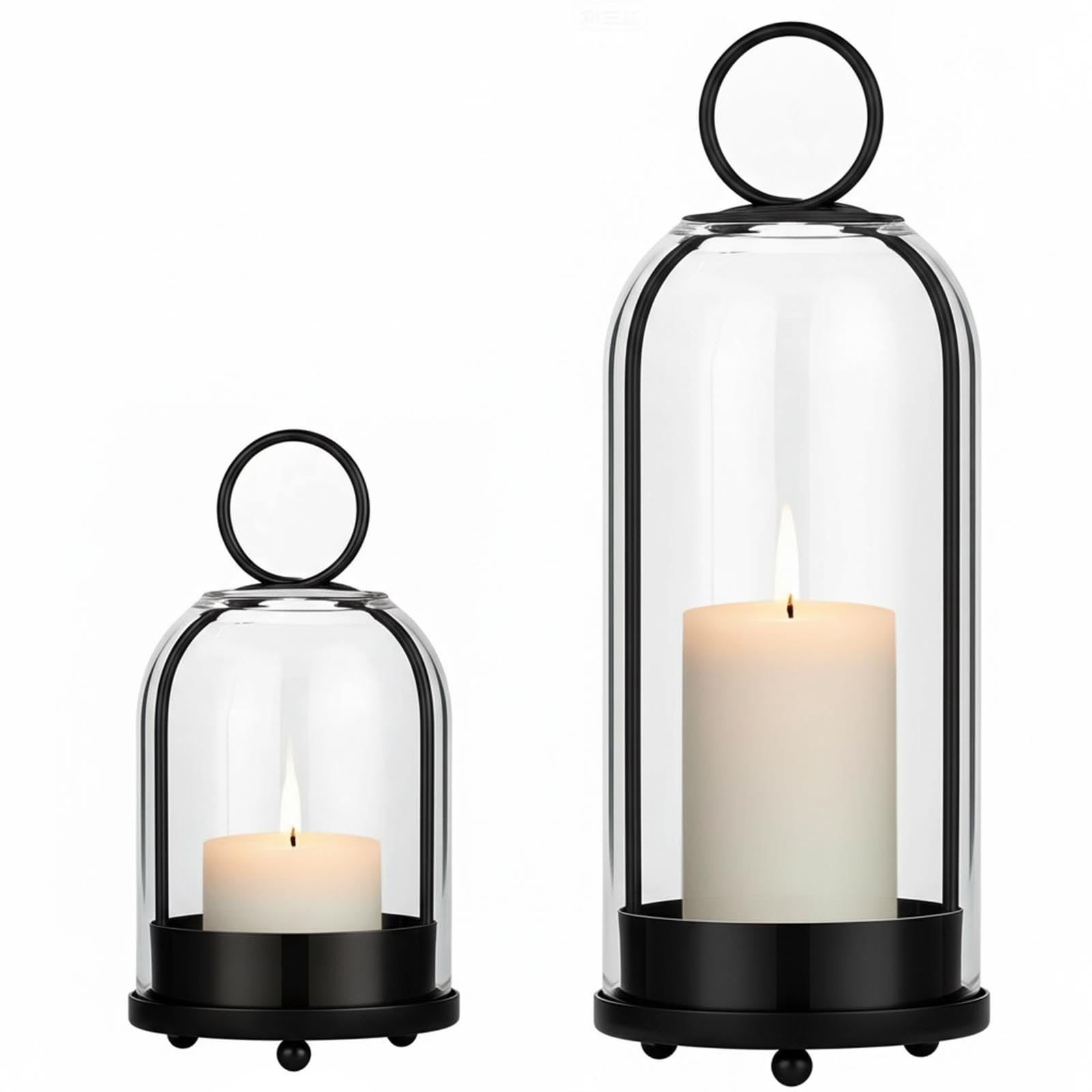 5" & 4" Glass Dome Hurricane Candle Holders, Set of 2 Metal Lanterns for Hanging or Table Use, Vintage Rustic Farmhouse Home Decor for Pillar Candles, Indoor & Outdoor for Mantel, Shelf, Table (Black)