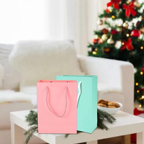 Miniatura 3 de BORDSTRACT Bolsas de embalaje de regalo de papel, 10 bolsas reutilizables de color puro, 5 rosas y 5 verdes con asa, bolsa vertical de regalo para