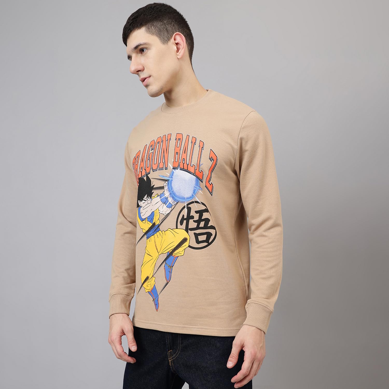 Free Authority Offizielles Dragon Ball Z: Goku Anime Grafikdruck Baumwolle Beige Regular Fit Full Sleeve T-Shirt für Herren