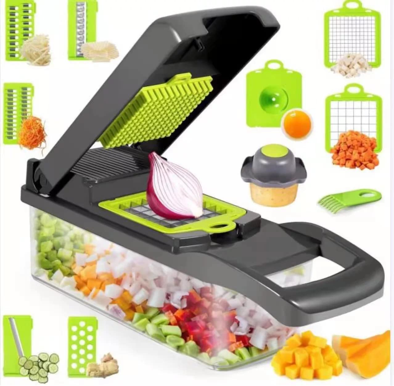 Kitchen ideas Veggie slicer 16 pieces (Gray, 1) 16 pieces hand operated vegetable slicer, veggie chopper, food chopper, onion cutter.