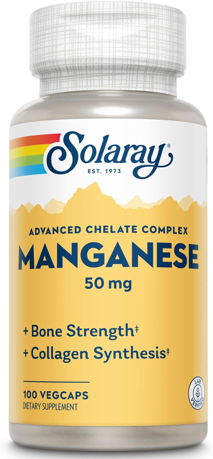 SOLARAY Manganese Supplement 50 mg - Essential Trace Minerals - Advanced Trace Mineral Supplements for Bone Strength and Bone Health Support - Lab Verified, 60-Day Guarantee, 100 Servings, 100 VegCaps